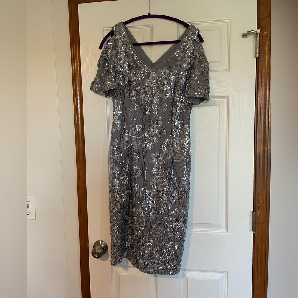 Alex Evenings Silver Sequin Midi Dress with Floral Embellishment